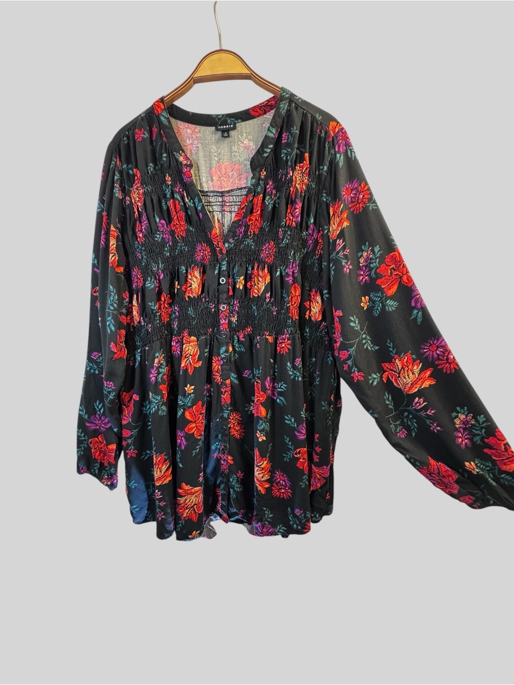Torrid Women’s Black Floral Smocked Babydoll Blouse 3X Plus Size 3X